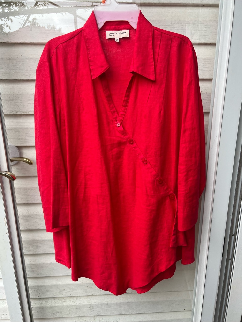 Jones New York Sport Women’s Size xl Red Wrap Front 100%linen Blouse Casual